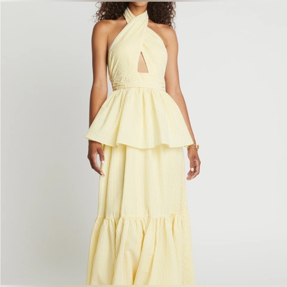 Choosy Halter Yellow Gingham Tiered Maxi Dress